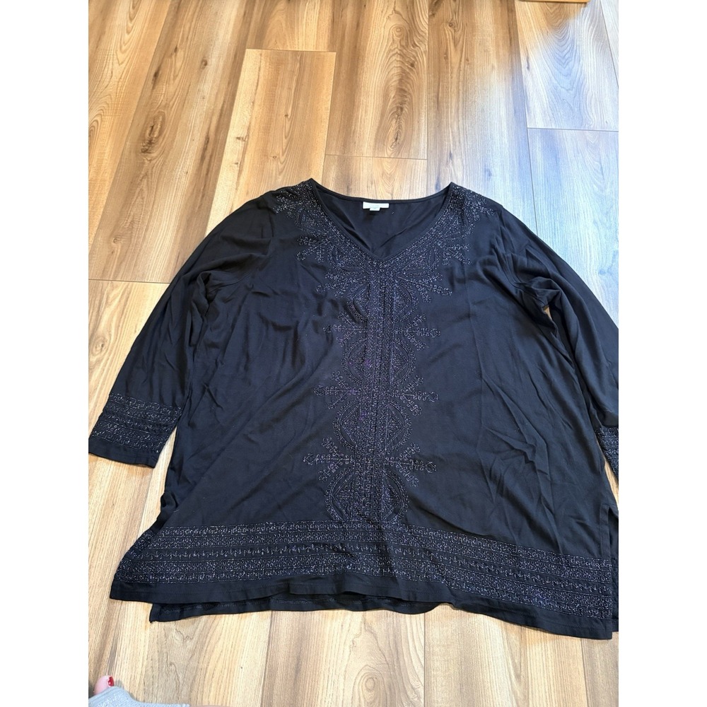 J Jill Tunic Top Shirt Women's XL Black Beaded Sparkle V-neck Long Sleeve
